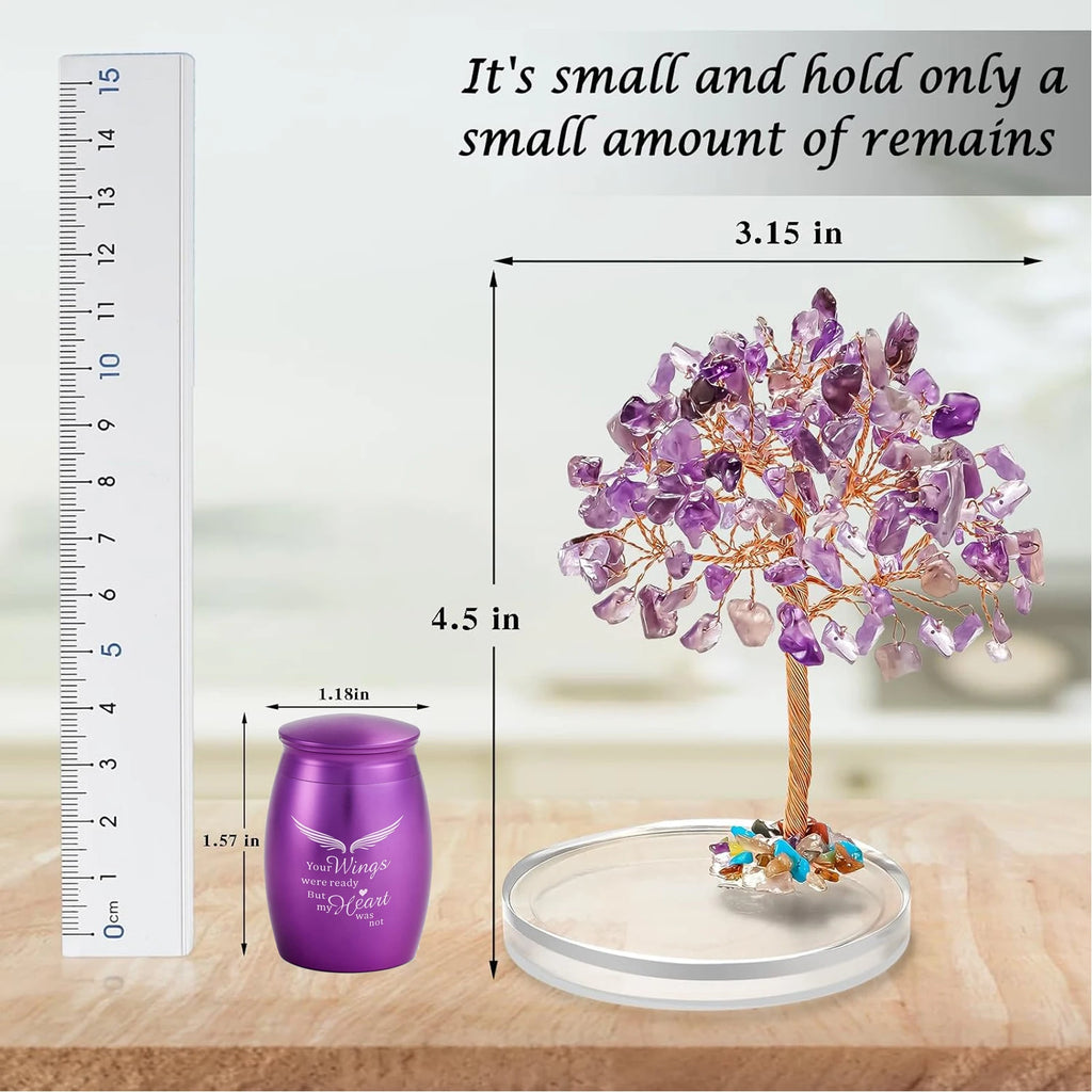 Small Urns for Ashes Keepsake Set of 2, Angel Wings Mini Urn for Human Pet Ashes with Amethyst Crystal Tree -Decoration Urns