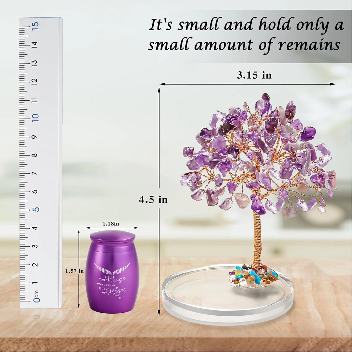 Small Urns for Ashes Keepsake Set of 2, Angel Wings Mini Urn for Human Pet Ashes with Amethyst Crystal Tree -Decoration Urns
